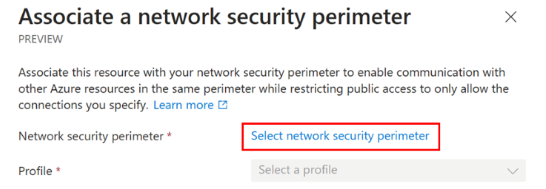 Screenshot che mostra la pagina Associa un perimetro di sicurezza di rete con il collegamento Seleziona perimetro di sicurezza di rete selezionato.