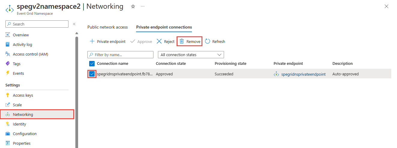 Screenshot showing the Private endpoint connection tab with Remove button selected (MQTT).