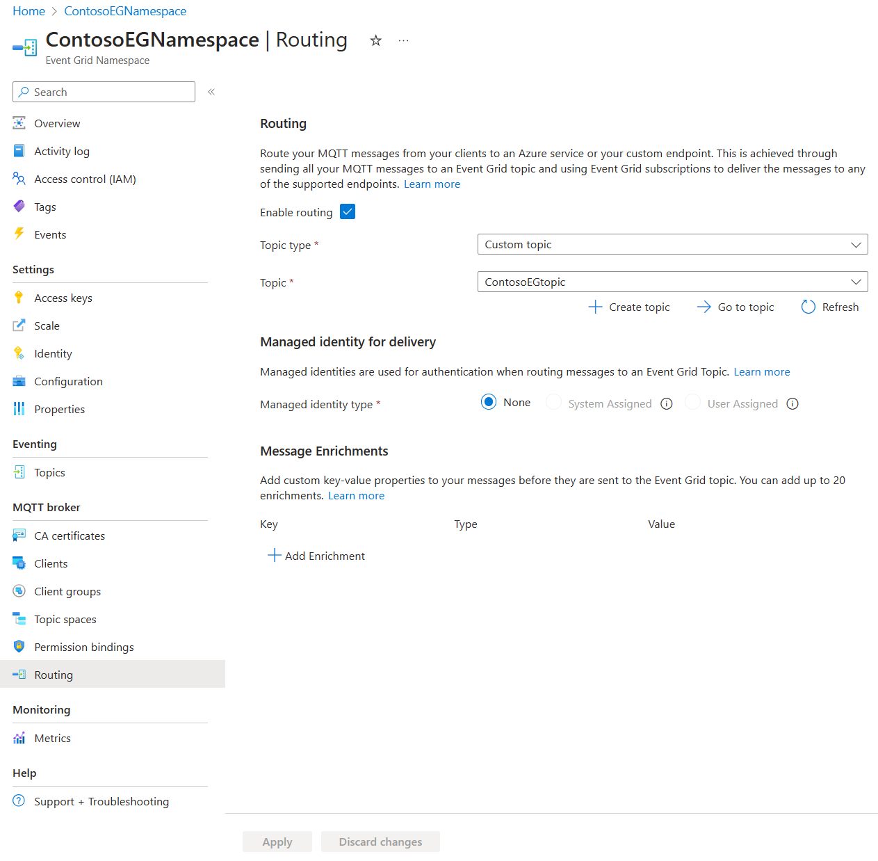 Screenshot che mostra la configurazione del routing tramite il portale.