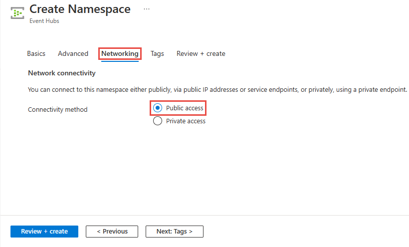 Screenshot showing the Networking page of the Create namespace wizard with Public access option selected.