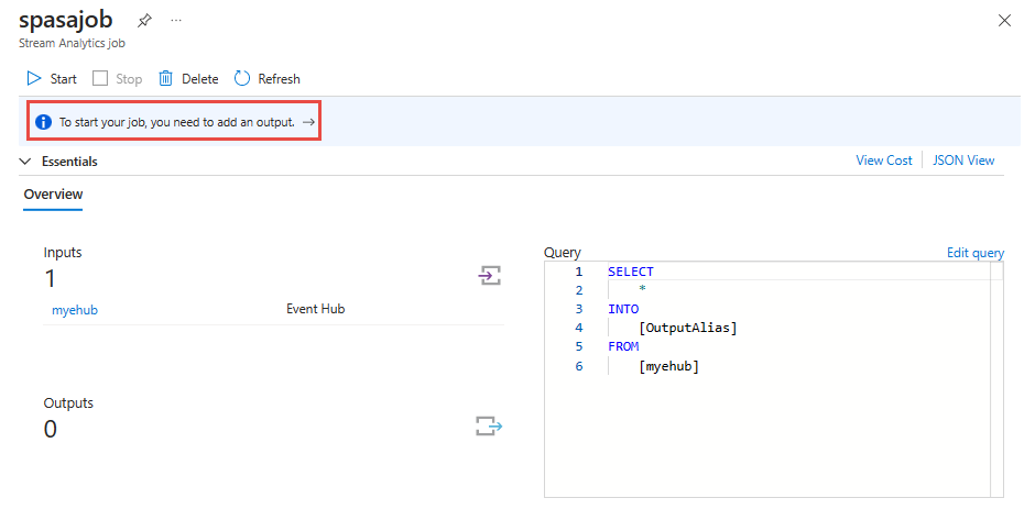 Screenshot che mostra il processo di Analisi di flusso con un collegamento per aggiungere un output.