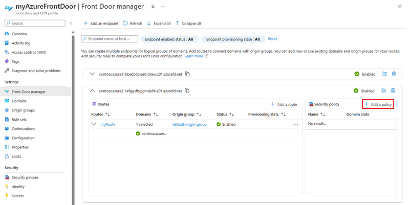 Screenshot dell'aggiunta di un pulsante criteri dal riquadro di configurazione dell'endpoint.