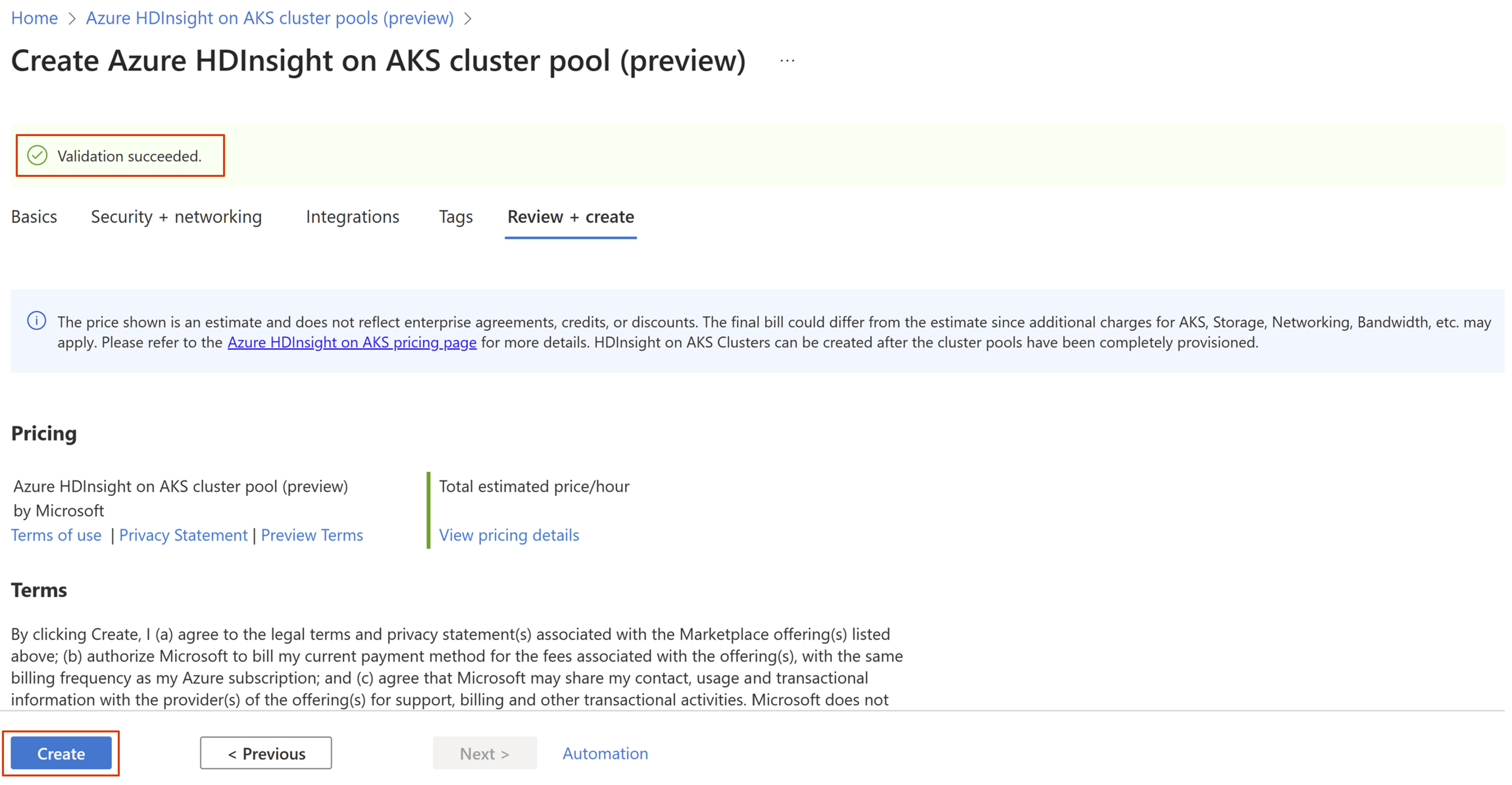 Diagramma che mostra la revisione del pool di cluster e la scheda Crea.