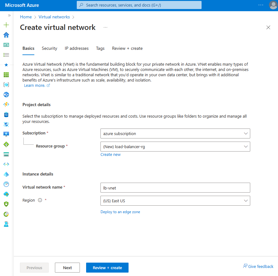 Screenshot della scheda Informazioni di base di Creare una rete virtuale nel portale di Azure.