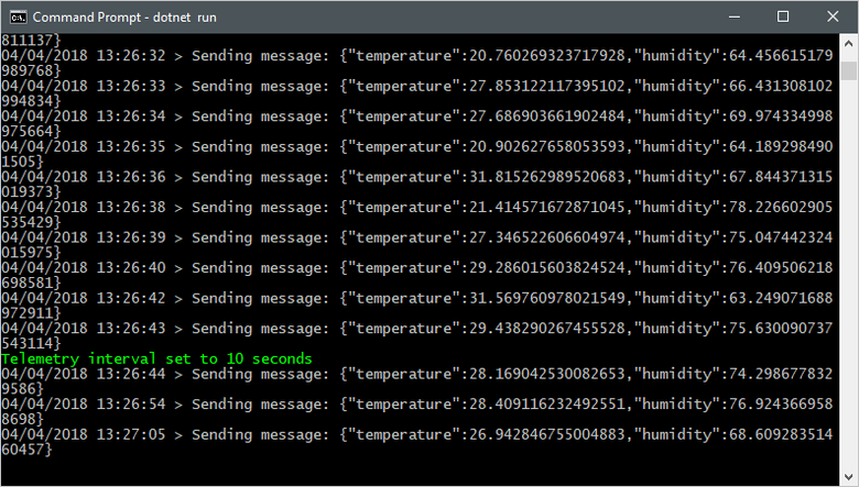 Screenshot di una finestra del terminale che mostra il risultato diretto del messaggio e l'output aggiornato dall'applicazione del dispositivo simulato.