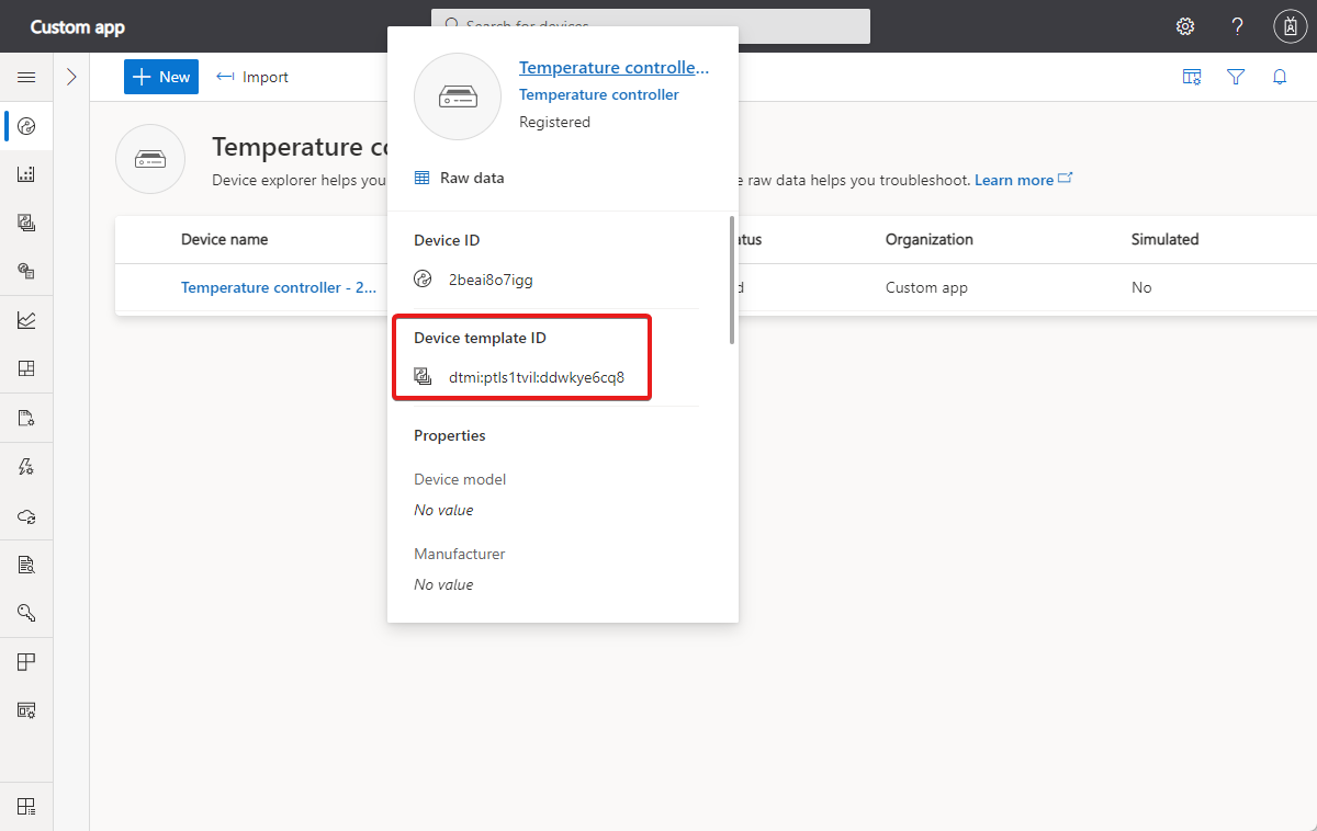 Screenshot che mostra come trovare l'ID modello di dispositivo nell'URL della pagina.