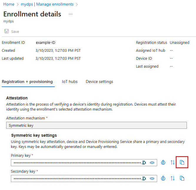 Screenshot che mostra i dettagli della registrazione, evidenziando il pulsante Copia per la chiave primaria della registrazione del dispositivo.