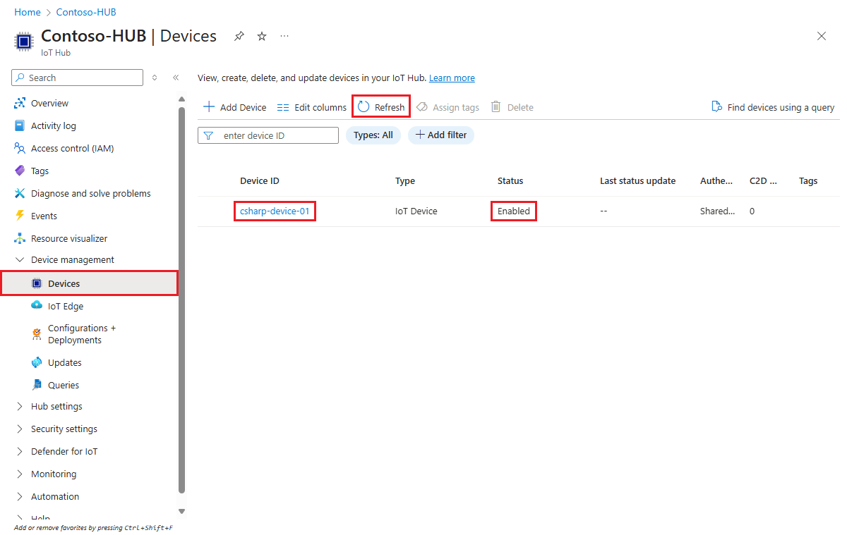 Screenshot che mostra che il dispositivo è registrato con l'hub IoT e abilitato per l'esempio C#.