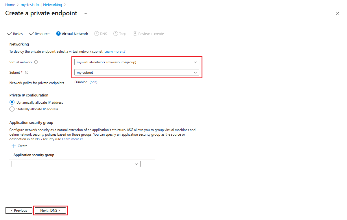 Screenshot che mostra la scheda Rete virtuale della pagina Crea un endpoint privato.