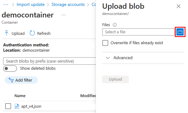 Screenshot che mostra la selezione dei file da caricare.