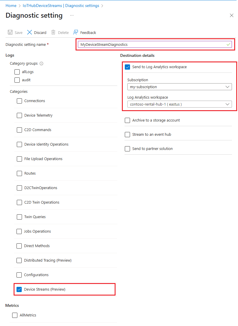 Screenshot che mostra il riquadro delle impostazioni di diagnostica nel portale di Azure, evidenziando le impostazioni per i log delle risorse di Device Streams.