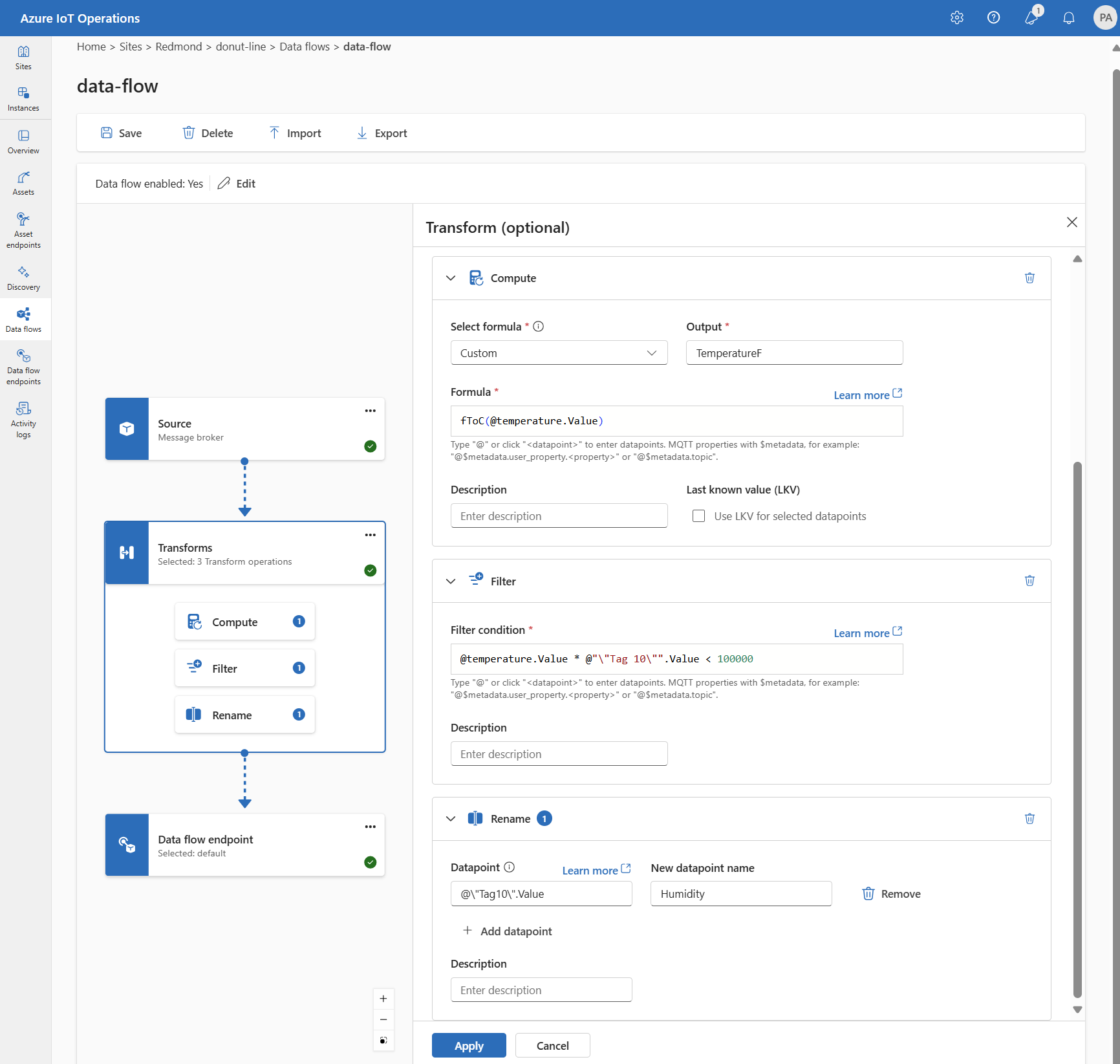 Screenshot che mostra l'esempio di flusso di dati dell'esperienza operativa con un endpoint di origine, trasformazioni e un endpoint di destinazione.