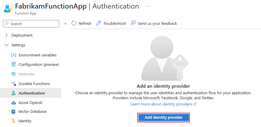 Screenshot che mostra il menu dell'app per le funzioni con la pagina Autenticazione e l'opzione selezionata denominata Aggiungi provider di identità.