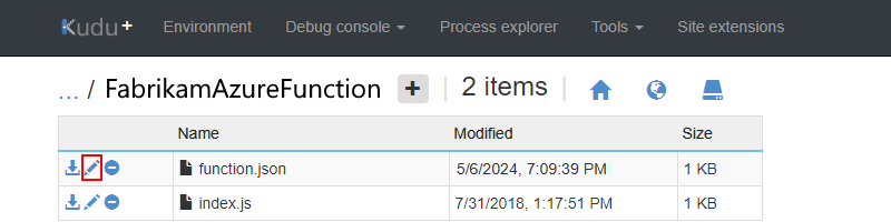 Screenshot che mostra il file function.json con il comando di modifica selezionato.