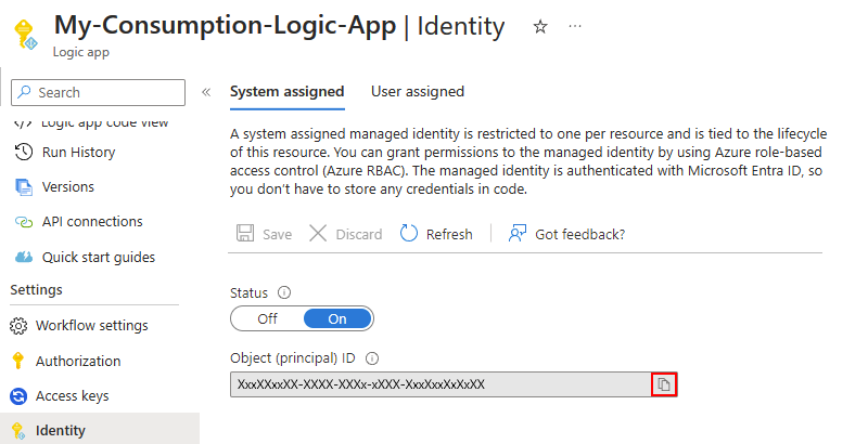Screenshot che mostra la pagina Identità dell'App per la logica a consumo con la scheda selezionata denominata System assigned.Screenshot shows Consumption logic app's Identity page with selected tab named System assigned.