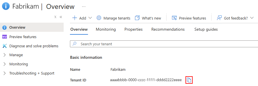 Screenshot che mostra la pagina Proprietà ID Microsoft Entra con il pulsante copia dell'ID tenant selezionato.
