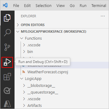Screenshot che mostra la barra delle attività di Visual Studio Code con l'opzione Avvia ed esegui debug selezionata.