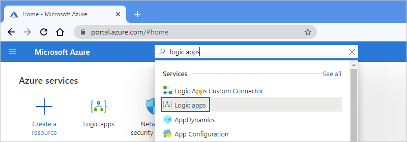 Screenshot che mostra la casella di ricerca del portale di Azure con le app per la logica immesse e il gruppo di app per la logica selezionato.