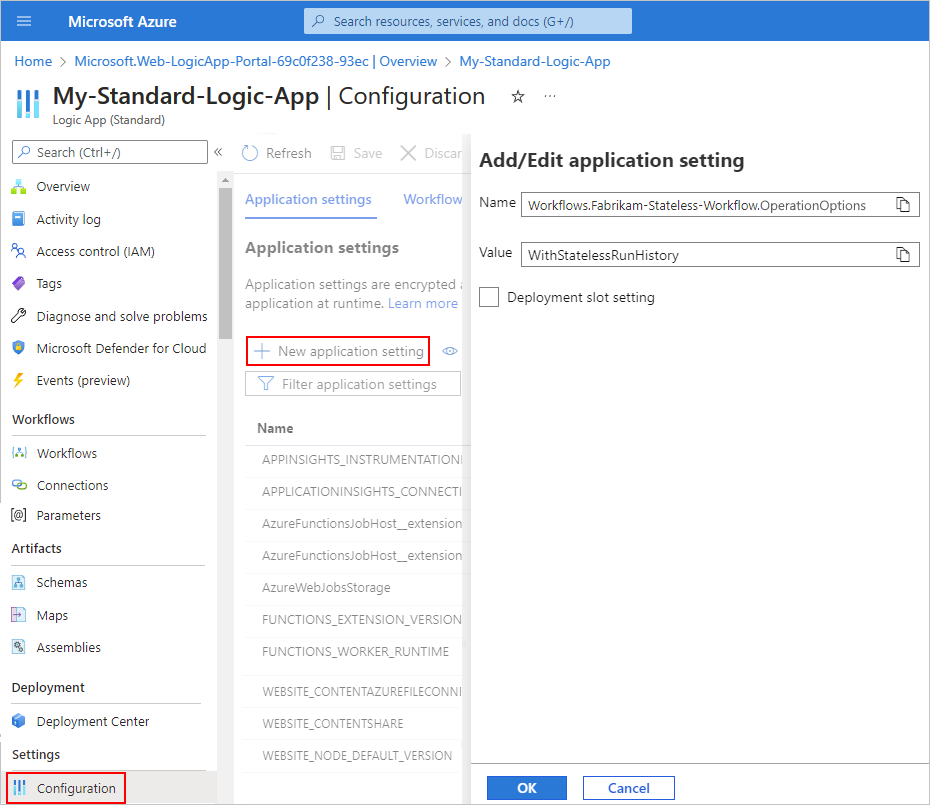 Screenshot che mostra l'app per la logica standard e il riquadro denominato Aggiungi/Modifica impostazione dell'applicazione con Flussi di lavoro. {yourWorkflowName}. OperationOptions impostato su WithStatelessRunHistory.