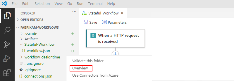 Screenshot che mostra il riquadro Esplora risorse, workflow.json menu di scelta rapida del file con l'opzione selezionata Panoramica.