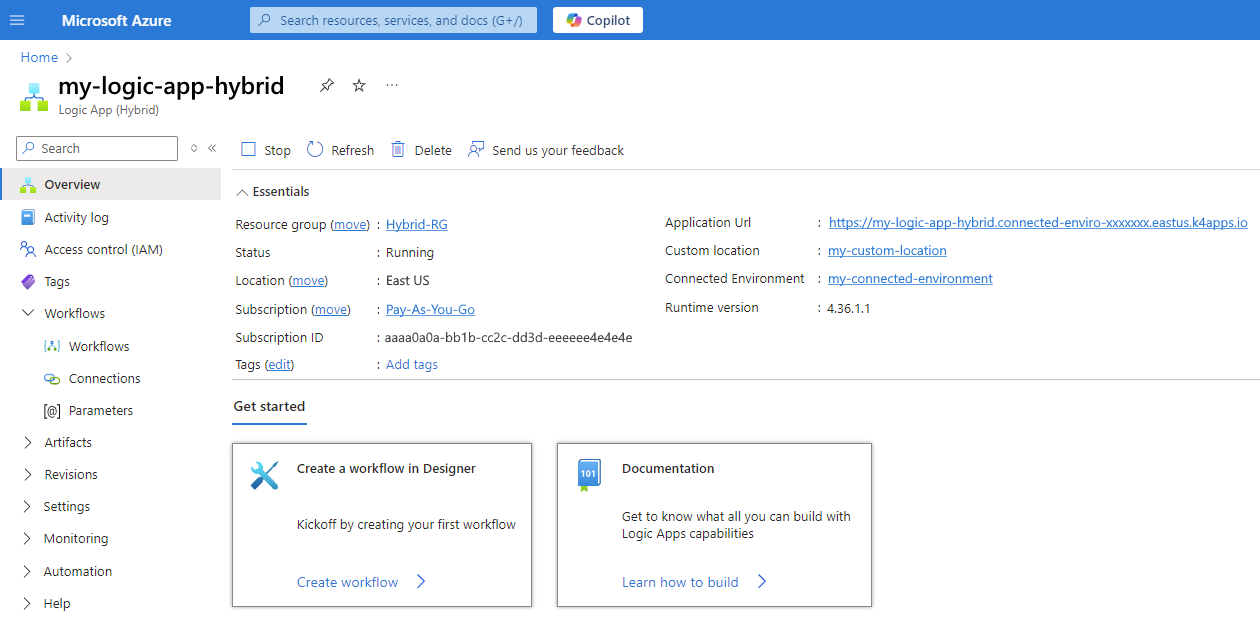 Screenshot che mostra il portale di Azure con l'app per la logica Standard per la distribuzione ibrida creata come app contenitore.