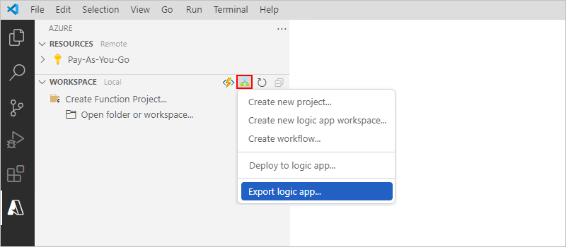 Screenshot che mostra la finestra di Azure, la barra degli strumenti della sezione Area di lavoro e Esporta app per la logica selezionata.