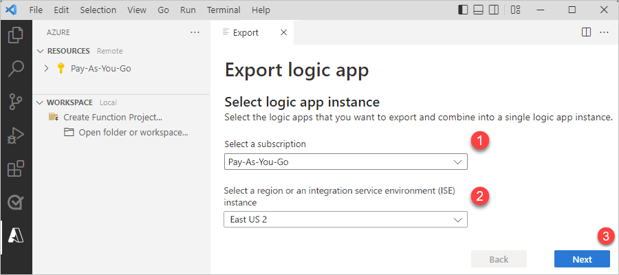 Screenshot che mostra la scheda Esporta con sottoscrizione e area di Azure selezionata.