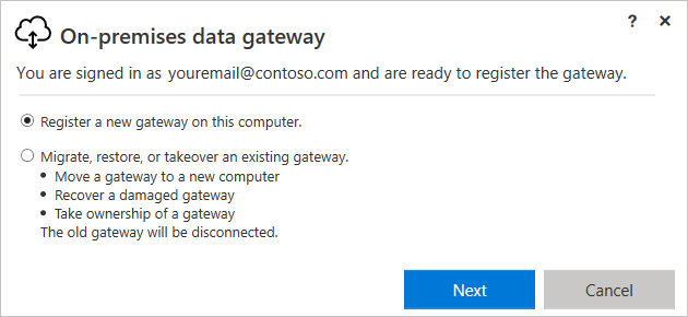 Screenshot che mostra il programma di installazione del gateway con un messaggio sulla registrazione del gateway e l'opzione selezionata per Registrare un nuovo gateway in questo computer.