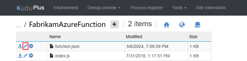 Screenshot che mostra il file function.json con il comando di modifica selezionato.