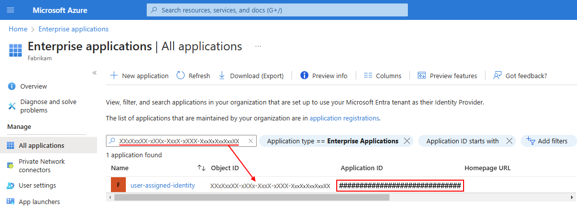 Screenshot che mostra la pagina del tenant Entra denominata Tutte le applicazioni, con l'ID oggetto applicazione aziendale nella casella di ricerca e l'ID applicazione corrispondente selezionato.