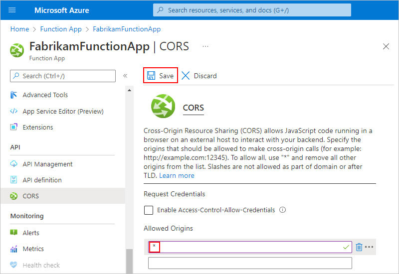 Screenshot che mostra portale di Azure, il riquadro CORS e il carattere jolly * immessi in Origini consentite.