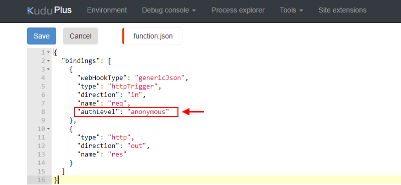 Screenshot che mostra l'oggetto binding con la proprietà authLevel impostata su anonima.