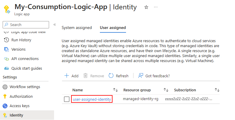 Screenshot che mostra la pagina Identità dell'app per la logica a consumo con la scheda selezionata denominata Utente assegnato.