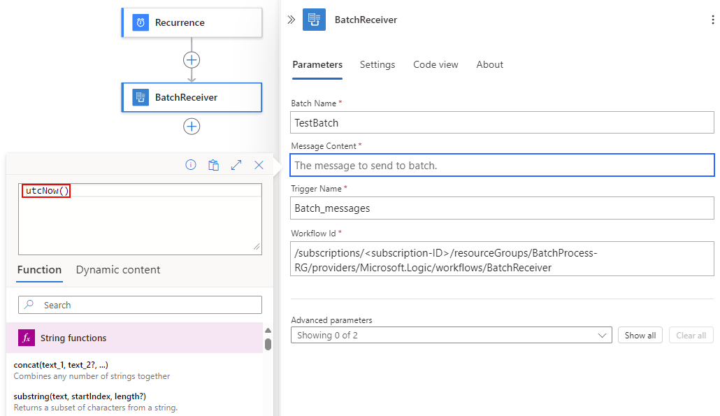 Screenshot che mostra il flusso di lavoro A consumo, il riquadro delle azioni del mittente del batch, la casella del contenuto messaggio con cursore, l'editor di espressioni con la funzione utcNow e altri dettagli.