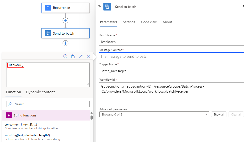 Screenshot che mostra il flusso di lavoro standard, il pannello azioni mittente batch, la casella Contenuto messaggio con cursore, l'editor di espressioni con la funzione utcNow e altri dettagli.