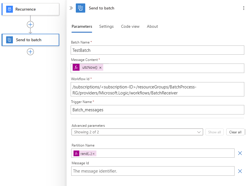 Screenshot che mostra il flusso di lavoro dell'app per la logica Standard mittente del batch completato.