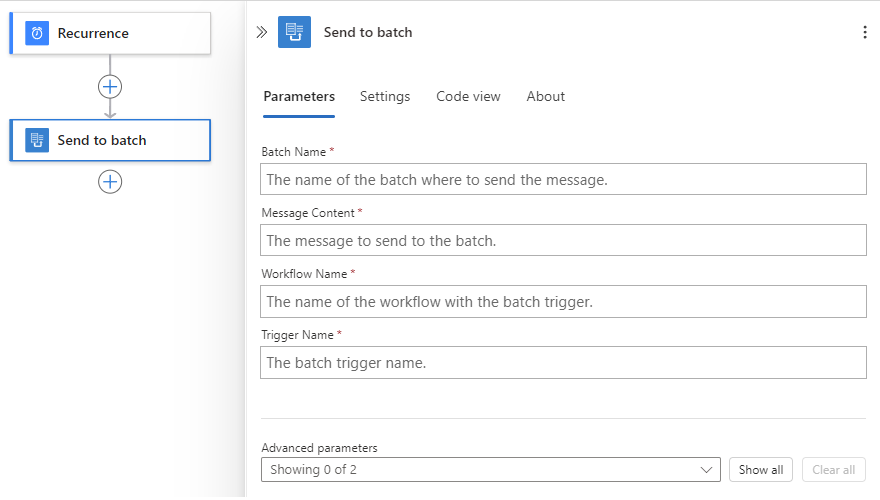 Screenshot che mostra il flusso di lavoro Standard con trigger Ricorrenza e azione denominata Invia al batch.
