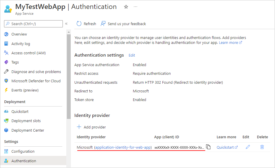 Screenshot che mostra l'identità dell'applicazione appena creata per l'app Web o l'app per le API.