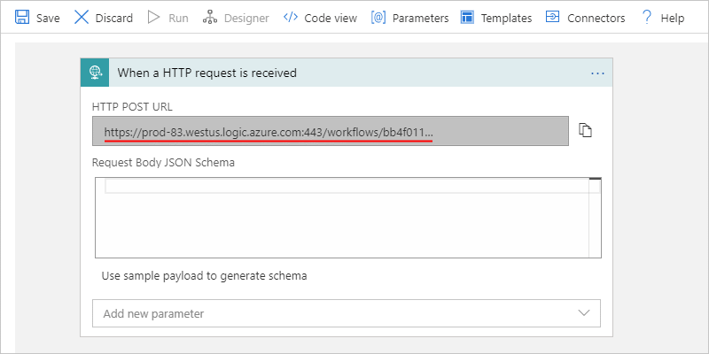 Screenshot che mostra la finestra di progettazione multi-tenant e l'URL generato per il trigger di richiesta.