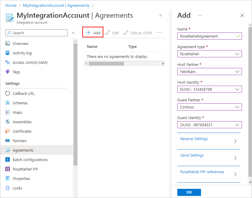 Screenshot che mostra la pagina Contratti con l'opzione Aggiungi selezionata. Nel riquadro denominato Aggiungi vengono visualizzate caselle per il nome e il tipo di contratto e per le informazioni sui partner.