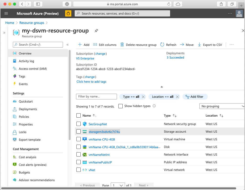Screenshot che mostra un gruppo di risorse di base contenente una DSVM