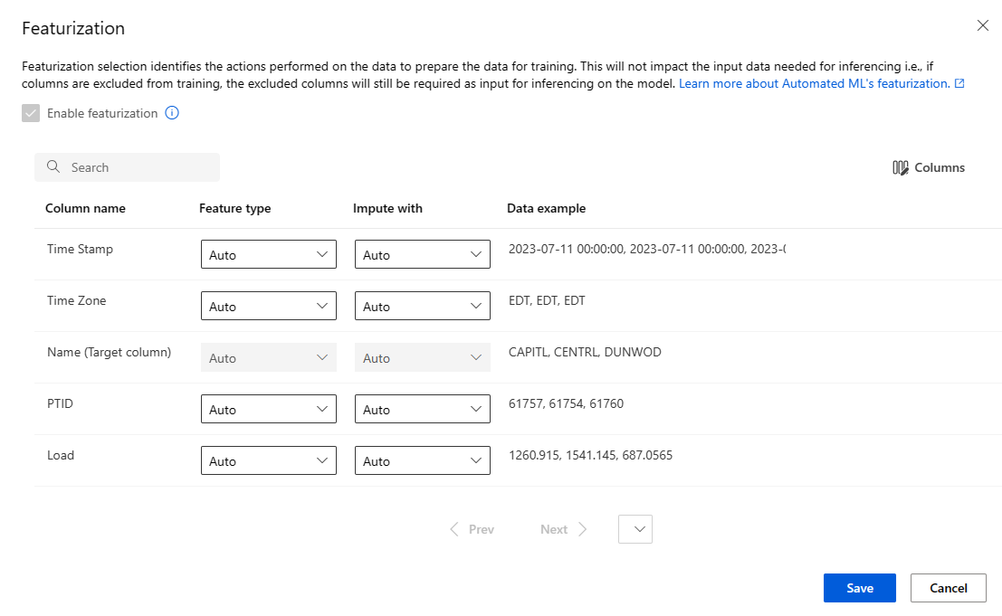 Screenshot che mostra la definizione delle funzionalità personalizzata in studio di Azure Machine Learning.
