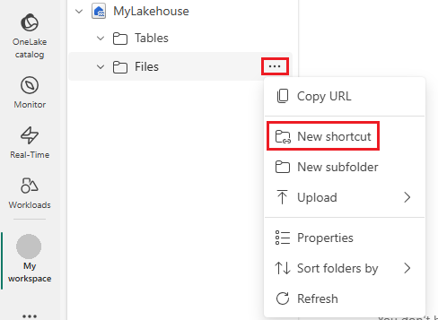Screenshot che mostra come creare un nuovo collegamento in una lakehouse.
