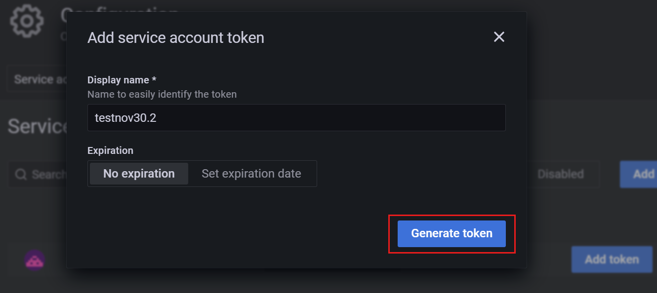 Screenshot della piattaforma Azure. Pagina Aggiungi token dell'account del servizio.