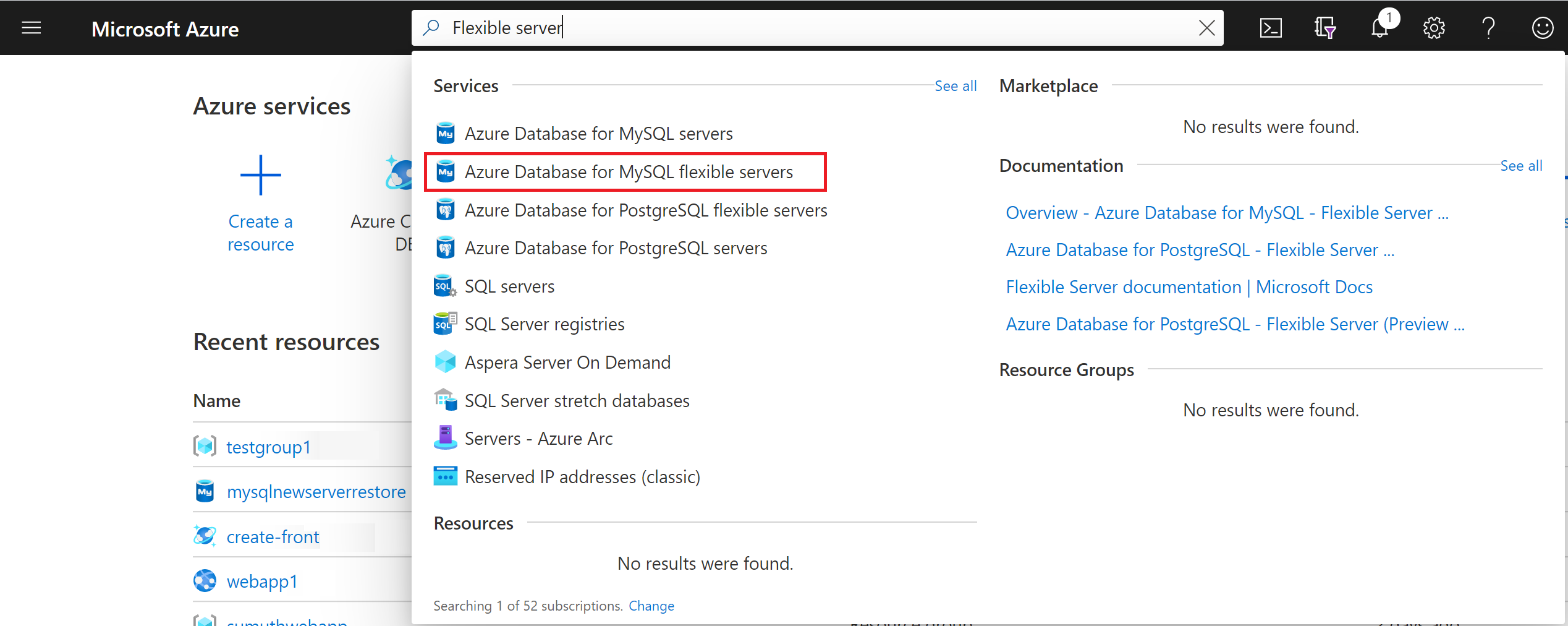 Screenshot che mostra la ricerca di server di Database di Azure per MySQL.