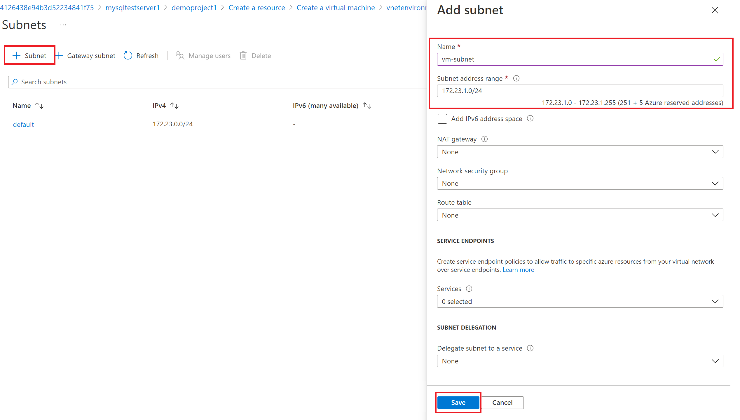 Screenshot dell'aggiunta di una nuova subnet per la macchina virtuale.