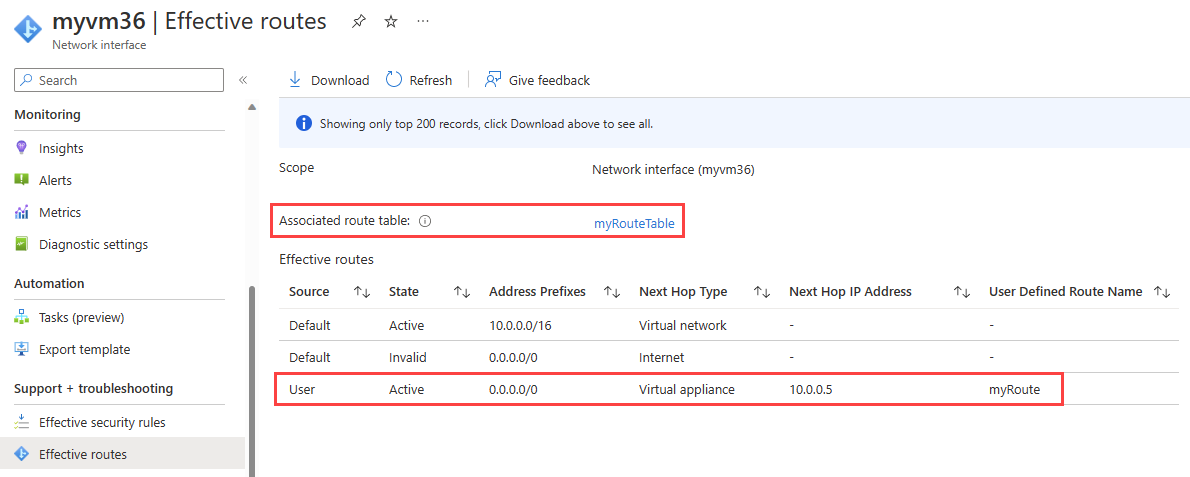 Screenshot delle route valide dopo la sostituzione delle route di sistema predefinite di Azure usando una route personalizzata.