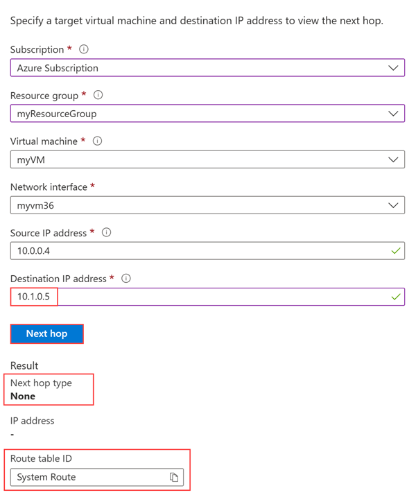 Screenshot che mostra il risultato dell'hop successivo di Network Watcher durante il test con un IP privato all'esterno dello spazio indirizzi della rete virtuale.