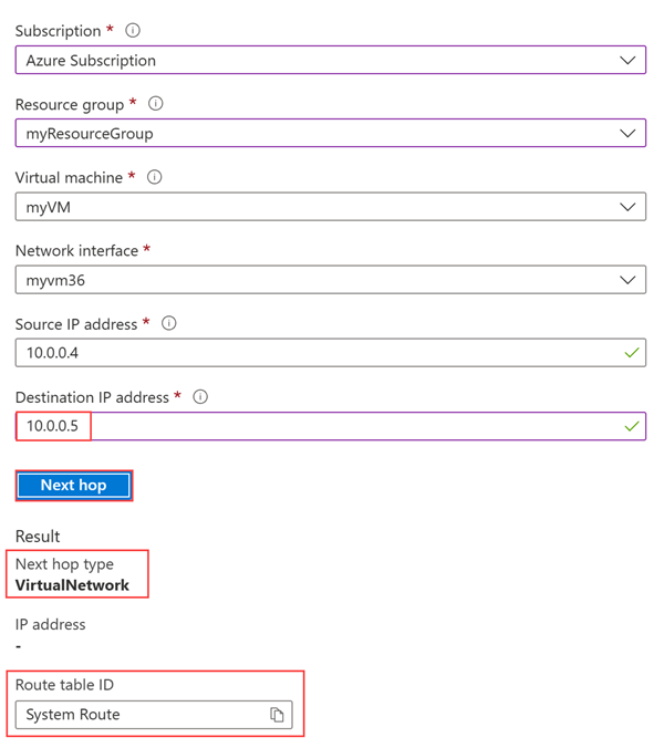 Screenshot che mostra il risultato dell'hop successivo di Network Watcher durante il test con un IP all'interno della stessa rete virtuale.