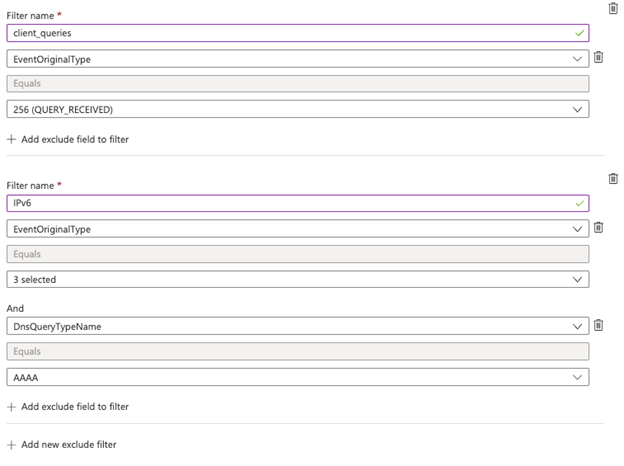 Screenshot del filtro degli ID evento e degli indirizzi IPv6 per il connettore Windows D N S su A M A.